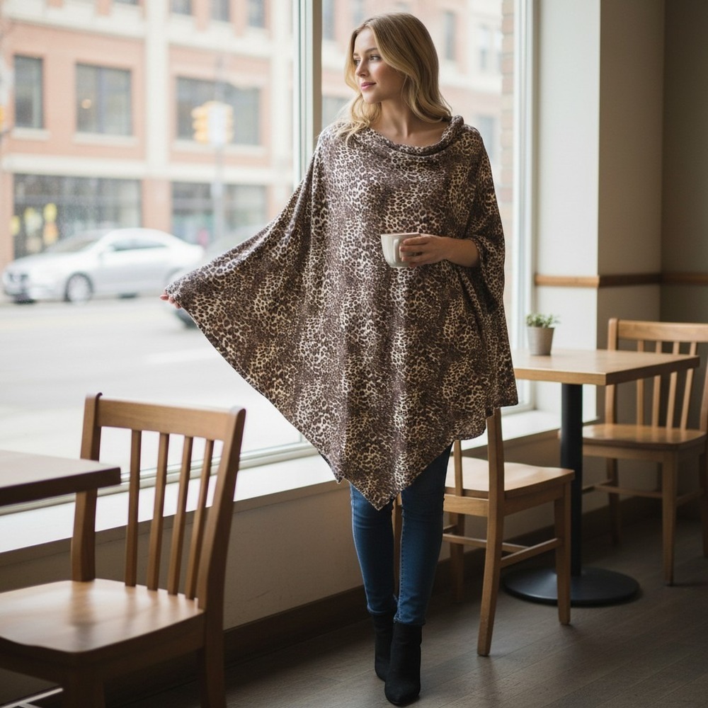 Bobeau Poncho Wrap Leopard Print Brown M Boho Chic Asymmetrical Batwing Dolman